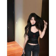 批发带胸垫 烫钻飘带挂脖背心女<b class='q'>网纱</b>拼接辣妹性感外穿抹胸<b class='q'>上衣</b>