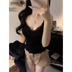 批发带胸垫 纯欲风磨毛<b class='q'>蕾丝</b>拼接<b class='q'>吊带</b><b class='q'>背心</b>女秋冬保暖内搭打底上衣