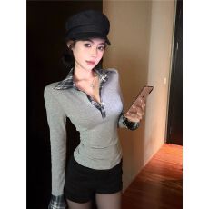 批发带胸垫 学院风格子拼接<b class='q'>衬衫</b>领T恤女假两件长袖上衣打底衫