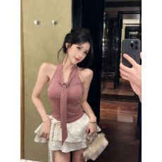 批发带胸垫 飘带挂脖蕾丝上衣女夏季纯欲性感无袖吊带<b class='q'>背心</b>外<b class='q'>穿</b>