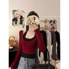 带胸垫 辣妹短款叠穿套装女纯色修身长袖T恤+挂脖背心两件套