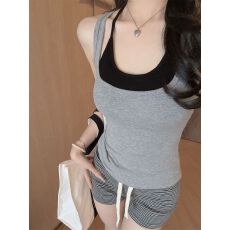 批发两件套 韩系撞色叠穿挂脖吊带女<b class='q'>修身</b>内搭外穿背心美背小上衣