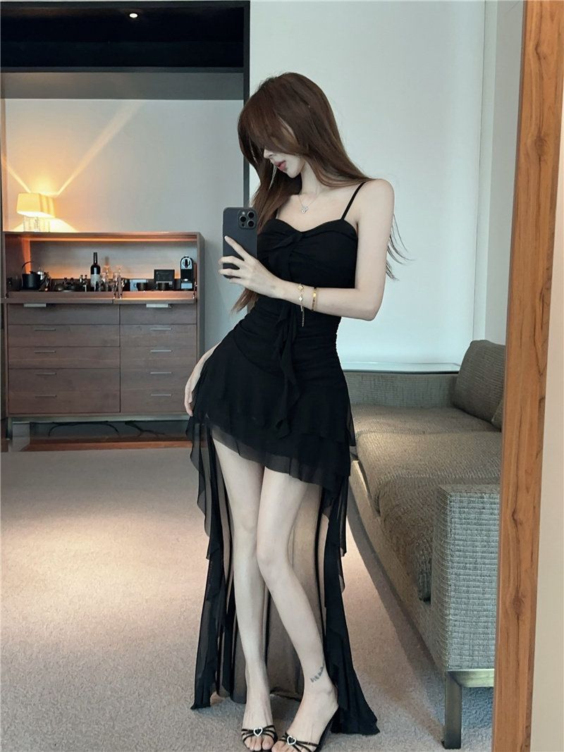 없음 가슴 패드 순수한 욕망 바람 슬립 여성 드레스 여름 프랑스식 불규칙 슬림해 보이는 타이트 스커트 드레스