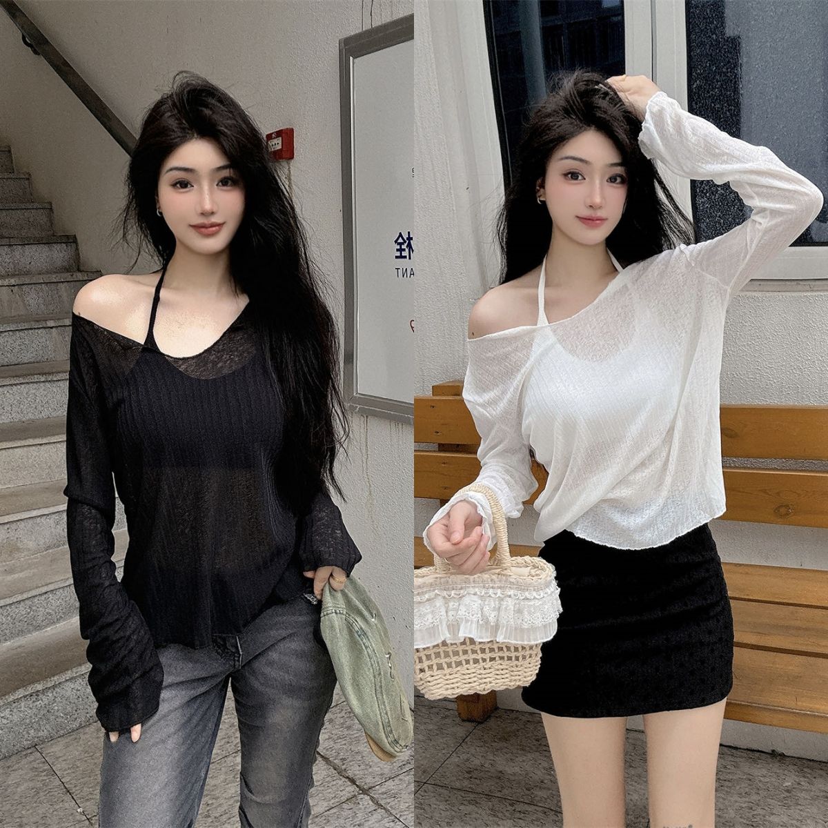투피스 세트 V넥 블라우스 여성 마이크로 시스루 섹시함 핫걸 긴팔 티셔츠 여름 외출용 자외선 차단 맨위