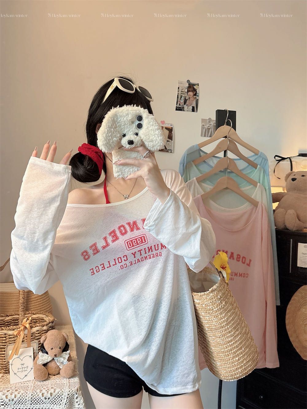 투피스 세트 느긋한 바람 알파벳 프린트 오프숄더 긴팔 티셔츠 여성 루즈핏 자외선 차단 블라우스 다용도 맨위