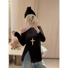 批发两件套 露肩斜肩防晒针织罩衫女夏季薄款不规则长袖t恤上衣