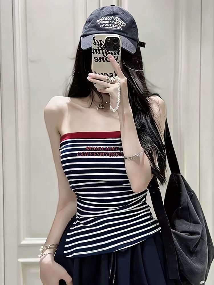 벨트 가슴 패드 한 부서 패치워크 색상 자수 스트라이프 오프숄더 허리 수축 튜브탑 조끼 여성 외출용 민소매 작은 맨위
