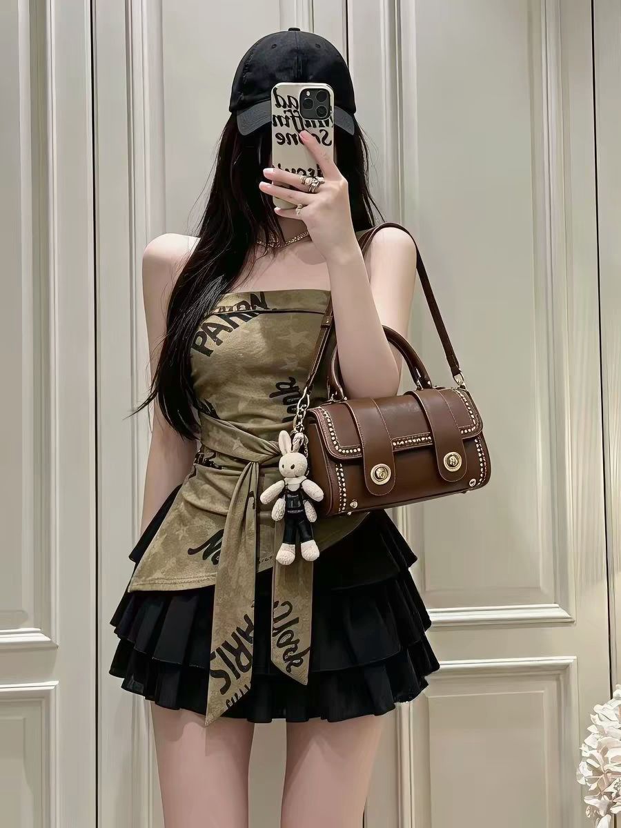 벨트 가슴 패드 레트로 홀치기 염색 순수한 욕망 핫걸 불규칙 레이스업 튜브탑 캐미솔 외출용 맨위