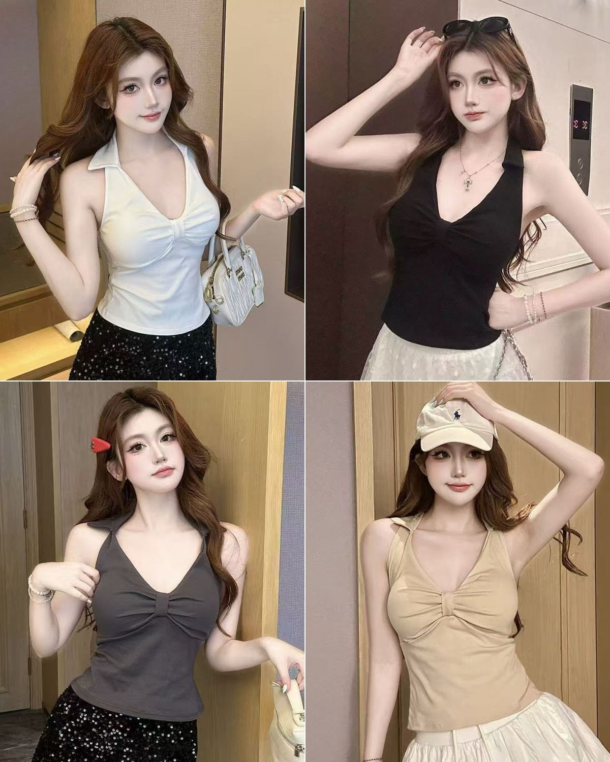 순면 벨트 가슴 패드 십자가 홀로우 아웃 깊은 v 폴로 칼라 행침 목 조끼 여성 여름 몸매 가꾸기 아름다움 뒤쪽에 의류