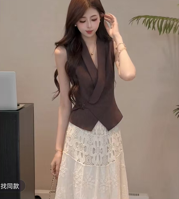 yuanliansu 둥근 얼굴 파삭 파삭 한 보라색 산수유 체리 향기로운 천천히 품격 티셔츠 반신 치마 세트 여성 여름