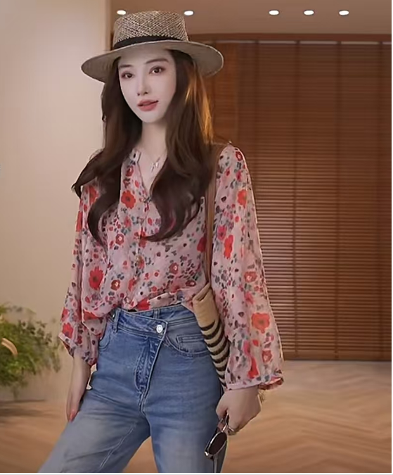 boxue 꽃 바다 새로운 고급 작은 붉은 꽃 프린트 빛 럭셔리 셔츠