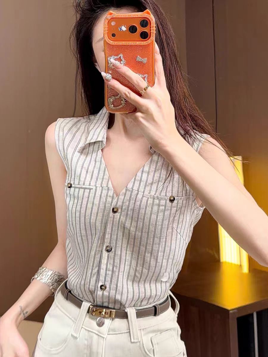 오래된 돈 바람 라이 경기 서울 레트로 스트라이프 민소매 POLO 칼라 여성 셔츠 새로운 디자인 센스 슬림해 보이는 다용도 맨위