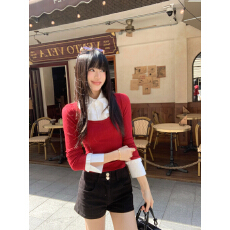 批发实拍实价～松间花火2025冬季新款<b class='q'>假两件</b>拼接撞色<b class='q'>衬衫</b>拼接针织上衣