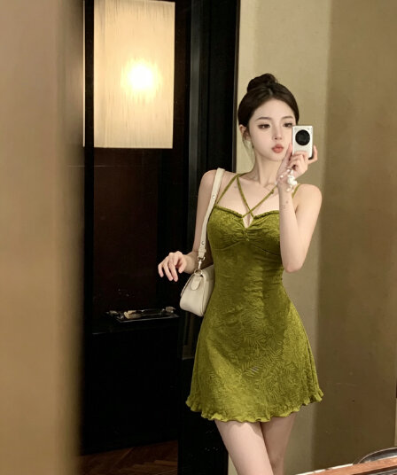 실사 정가 웨이 팬 모니카 레트로 휴가 질감 슬립 여성 드레스 허리 수축 슬림해 보이는 한 마디 미니 스커트