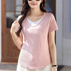 批发纯棉正肩竹节棉<b class='q'>短袖</b>t恤女装2026新款夏季全棉半袖假两件百搭夏装