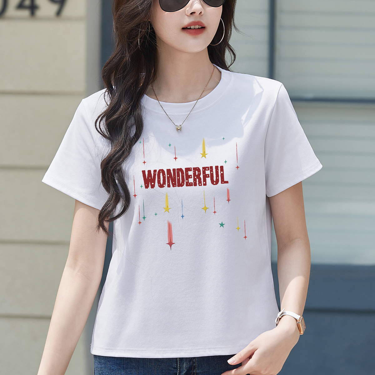 RY1859# 正肩圆领时尚印花短袖t恤女2026年新款韩版小众胖mm显瘦上衣ins潮