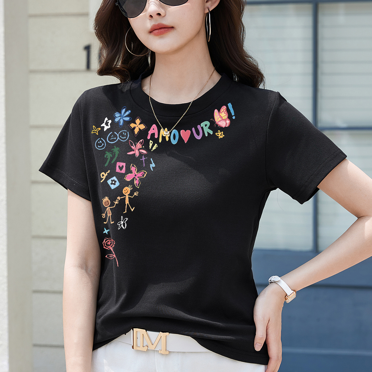 RY1858# 正肩圆领短袖T恤女夏季内搭打底衫宽松显瘦简约百搭体恤大码上衣