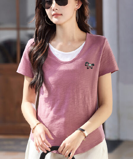 페이크 레이어드 대나무 마디 면 순면 반팔 티셔츠 여성 여름 루즈핏 미니멀리즘 슬림해 보이는 반소매 여성 다용도 ins 맨위