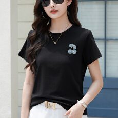 批发黑色短袖t恤女夏季新款简约休闲宽松青春<b class='q'>百搭</b>大码女装正肩上衣棉