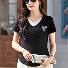 批发2026<b class='q'>夏季</b>新款设计感短袖t恤女黑色假两件半袖休闲女士纯棉上衣服