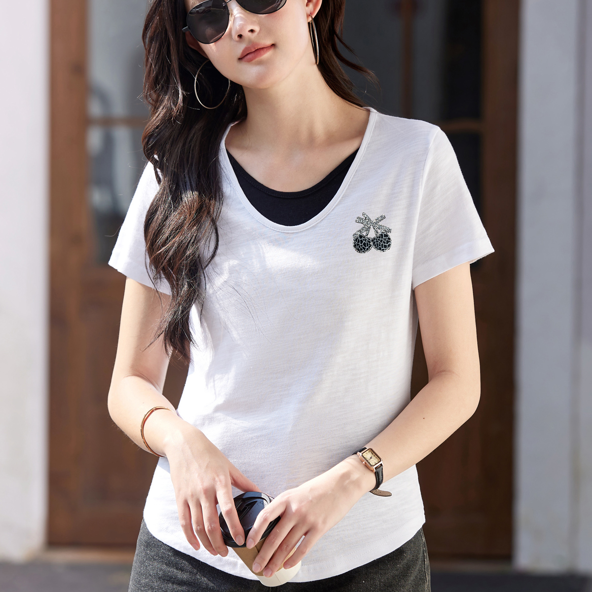 RY3713# 正肩短袖白色t恤女圆领夏季春秋内搭打底衫宽松大码体恤简约上衣