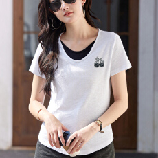 批发正肩短袖白色t恤女圆领<b class='q'>夏季</b>春秋内搭打底衫宽松大码体恤简约上衣