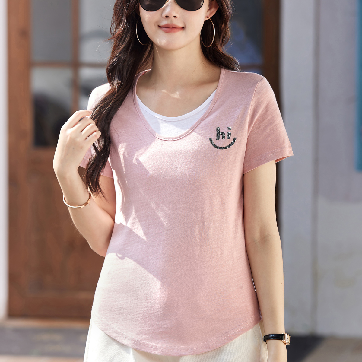 RY3711# 夏季2026新款洋气休闲百搭短袖T恤女纯棉简约宽松打底衫韩...