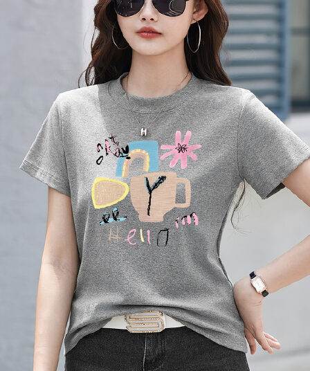 긍정적 인 어깨 반팔 회색 티셔츠 여성 라운드 넥 여름 연령 감소 인사이드 가져 가라. 기본 셔츠 루즈핏 빅 사이즈 동정 미니멀리즘 맨위