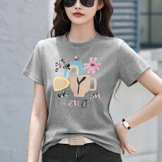 批发正肩短袖灰色t恤女圆领夏季减龄内搭打底衫宽松<b class='q'>大码</b>体恤简约上衣