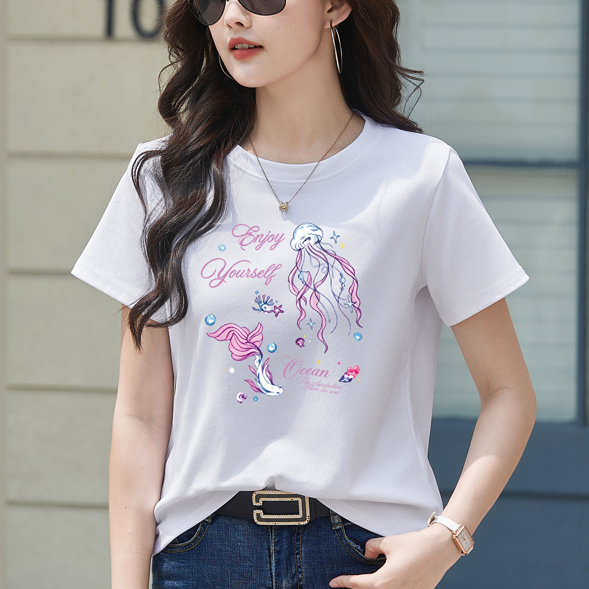 RY3709# 2026新款洋气短袖T恤女装夏季潮流时尚宽松显瘦简约圆领印...