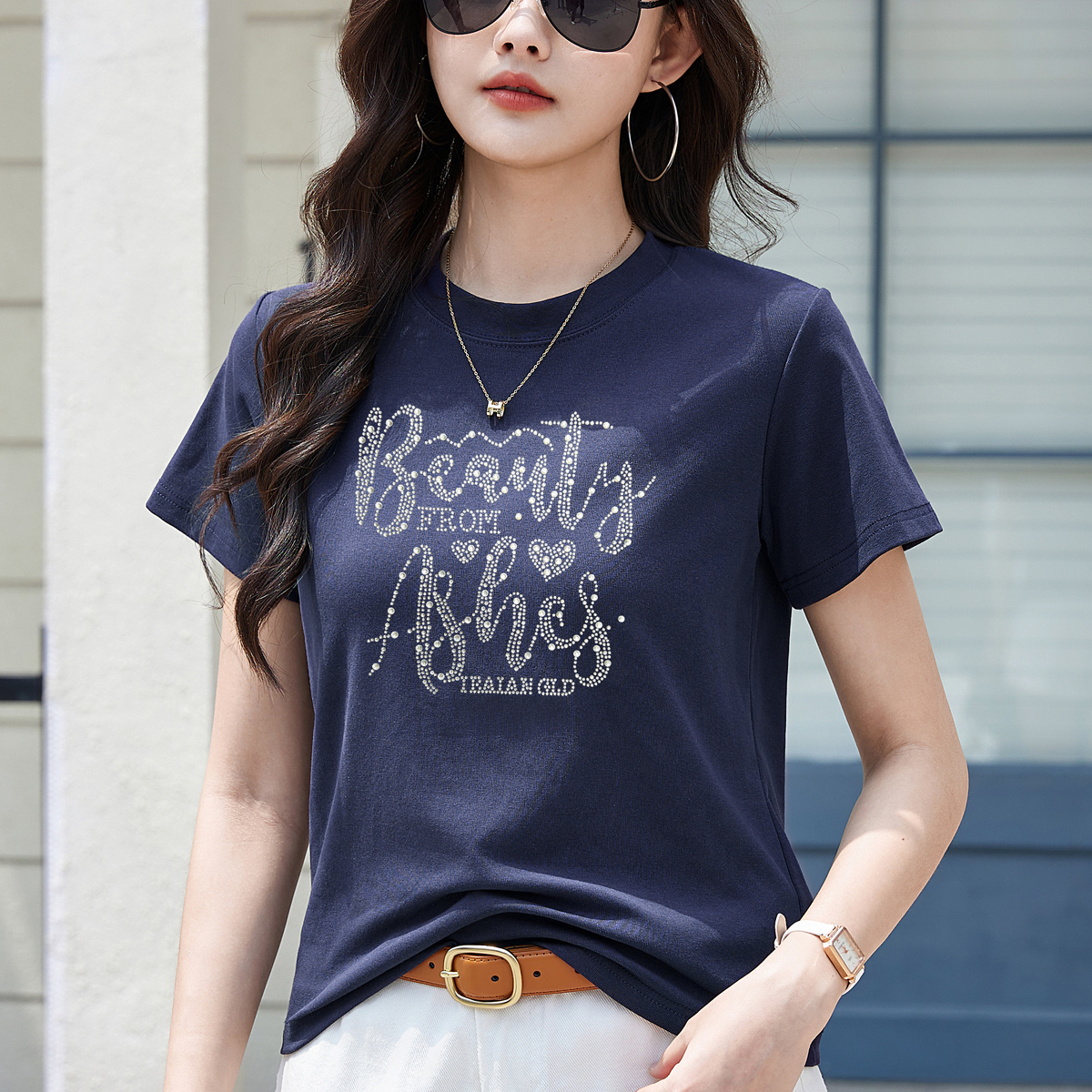 RY4295# 女士短袖t恤女新款爆款洋气韩版大码显瘦休闲圆领上衣ins烫钻潮流