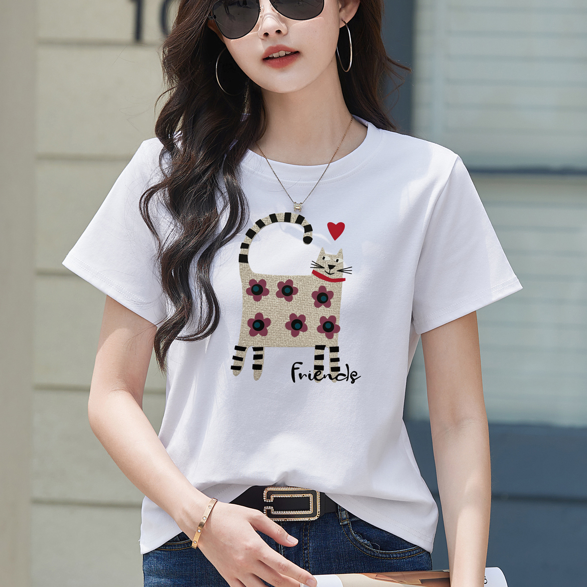 RY4296# 2026新款短袖T恤女装夏季潮流时尚宽松显瘦简约圆领立体图案上衣