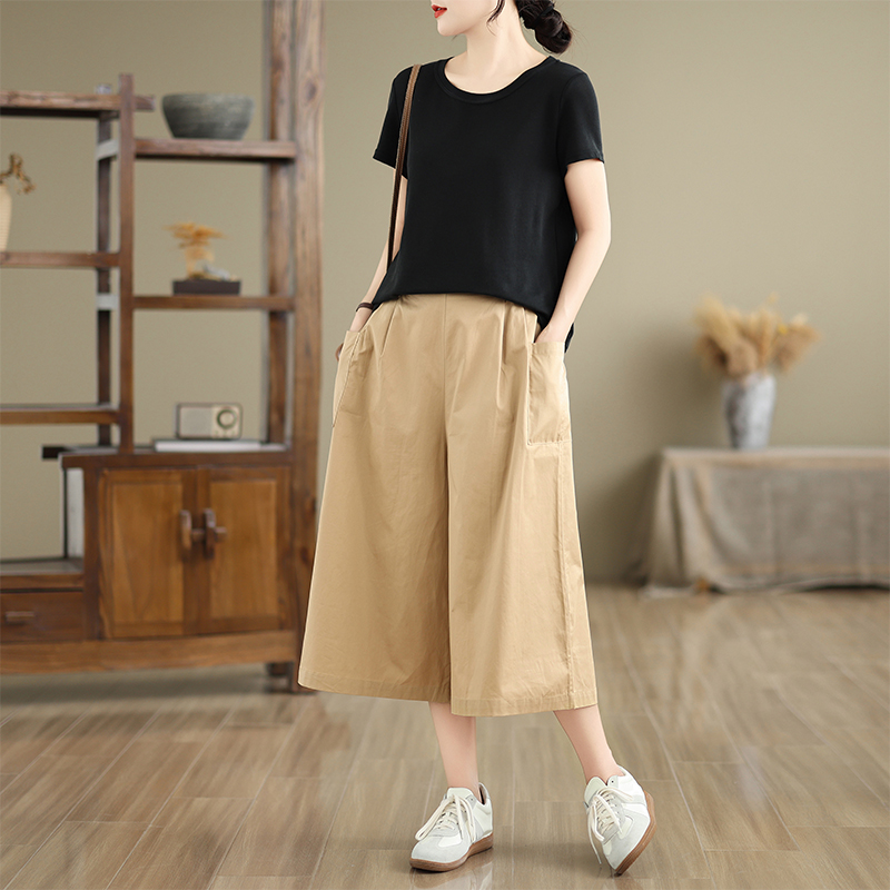 실사 2026 여름 새로운 면 100% 7부 바지 여성 루즈핏 바지 캐주얼 다용도 슬림해 보이는 허리밴드 와이드 레그 팬츠