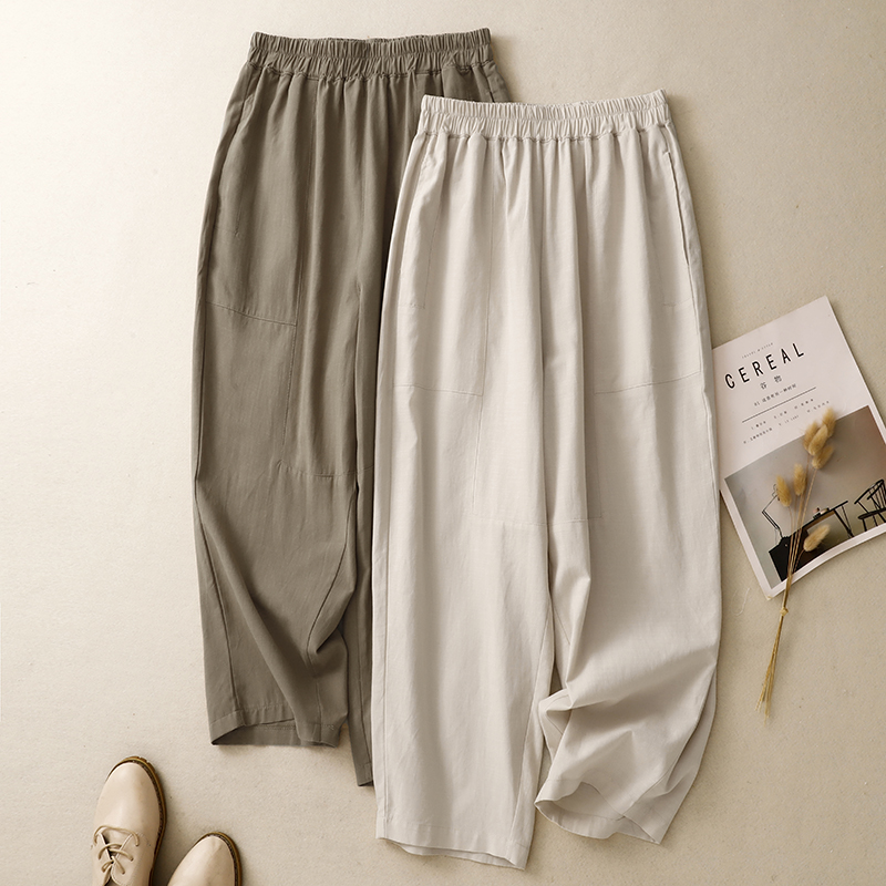 실사 2026 여름 새로운 단색 아마 캐주얼 바지 여성 루즈핏 빅 사이즈 패션 연령 감소 스트레이트 9부 바지