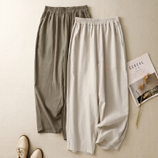 批发<b class='q'>实拍</b>2026夏季新款纯色亚麻休闲裤女宽松<b class='q'>大码</b>时尚减龄直筒九分裤