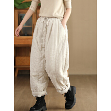 批发复古炒色<b class='q'>亚麻</b>砂洗加厚棉裤女2025冬文艺内里色织格纹夹棉保暖长裤