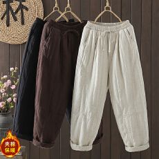 实拍2025冬复古炒色亚麻加厚棉裤女文艺内里色织格纹夹棉保暖长裤