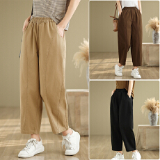 批发实拍2026春季新款复古拼接全棉<b class='q'>休闲</b>裤松紧腰纯色百搭显瘦<b class='q'>哈伦裤</b>女