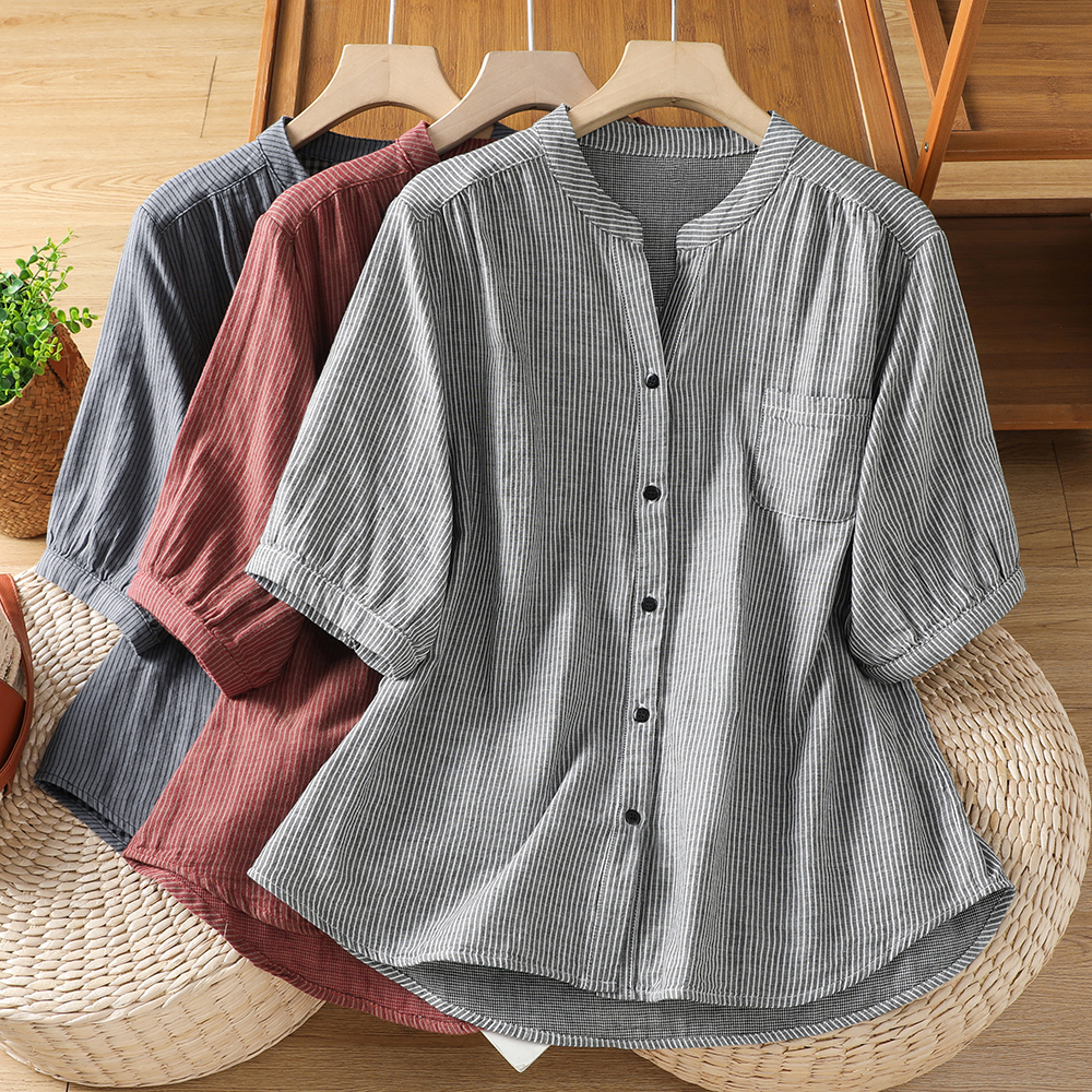 실사 2026 여름 섹션 면 100% 얇은 스타일 이중층 세로 줄무늬 반팔 셔츠 여성 레저 루즈핏 빅 사이즈 스탠드 칼라 맨위