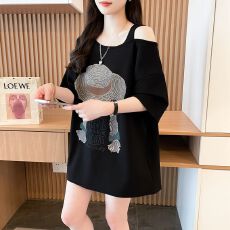 批发实拍21支纯棉食毛<b class='q'>个性</b>露肩假两件<b class='q'>T</b><b class='q'>恤</b>女夏季爆款中长款上衣ins