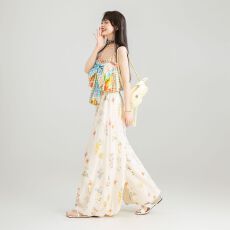 批发100涤纶 碎花绉布阔腿裤女夏季梨型休闲宽松花苞裙裤灯笼长裤
