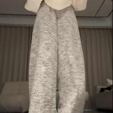 批发慵懒风灰色印花休闲裤女春秋小个子<b class='q'>高腰</b>立体腰头内包宽松阔腿裤子