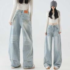 批发美式复古浅蓝色牛仔裤女秋季秋冬2025新款直筒休闲宽松水洗阔腿裤