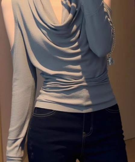 92 면 회색 슈퍼 잘 생긴 흔들다 칼라 긴팔 기본 셔츠 여성 인사이드 가져 가라. 디자인 센스 몸매 가꾸기 오프숄더 아름다운 맨위