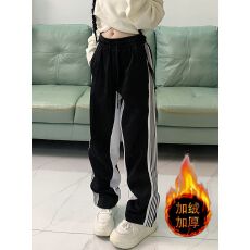 批发【<b class='q'>实拍</b> 加绒华棉】  复古黑白美式侧边条纹休闲裤高腰直筒<b class='q'>运动</b>裤