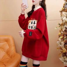 假两件加绒加厚新年红色卫衣女小众洋气印花宽松洋气百搭过年衣服