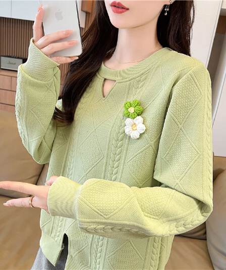 실사 2026 봄 가을 한국 스타일 루즈핏 봄과 가을 리브 3 차원 꽃 패치워크 홀로우 아웃 작은 디자인 자카드 후드티 여성