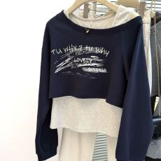 批发实拍韩系字母印花一字肩长袖卫衣+修身背心<b class='q'>套装</b>女春秋新款两件套