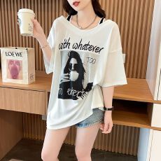 批发实拍【2*1米线条】重工露肩假两件宽松T恤女2026洋气印花上衣