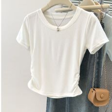 批发实拍夏季新款短袖T恤女小个子短款内搭<b class='q'>打底衫</b>修身韩版褶皱上衣潮